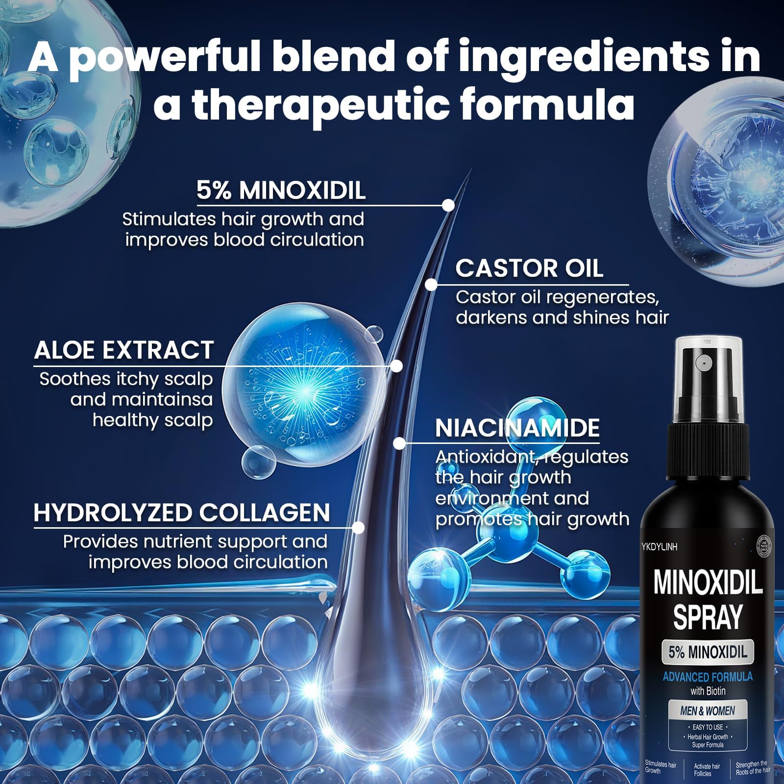 YKDYLINH Minoxidil Spray: flacon dosage précis pour une utilisation ciblée.
