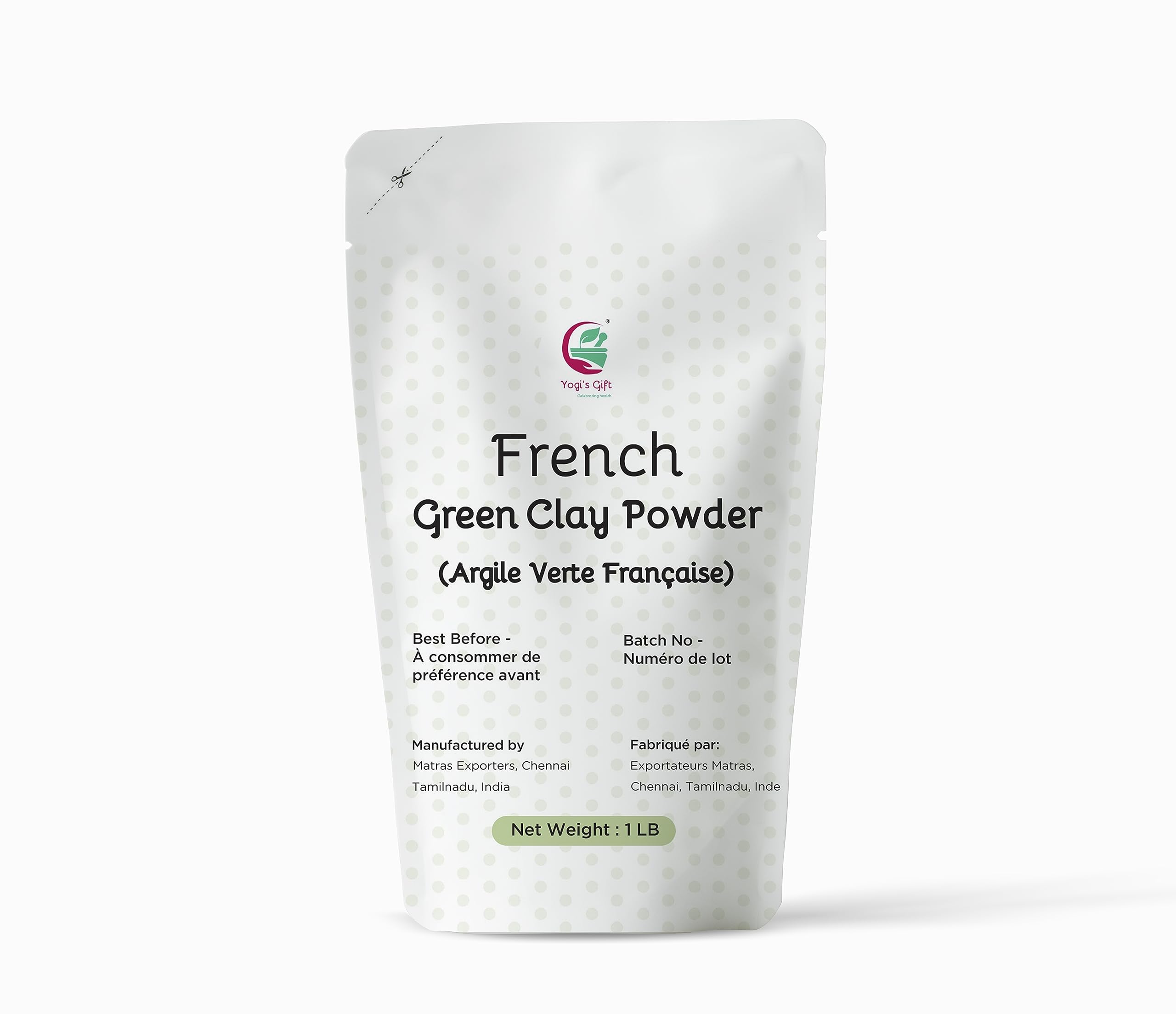 Poudre d'argile verte française de Yogi's Gift, soin purifiant et hydratant pour la peau.