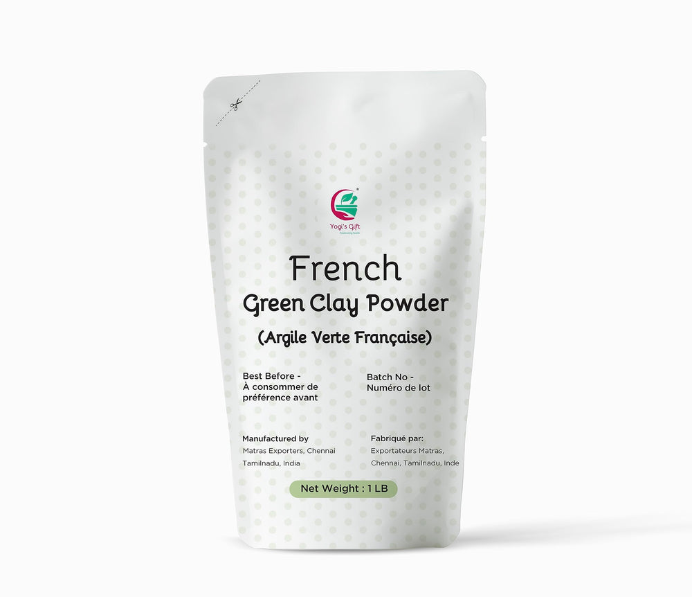 Poudre d'argile verte française de Yogi's Gift, soin purifiant et hydratant pour la peau.