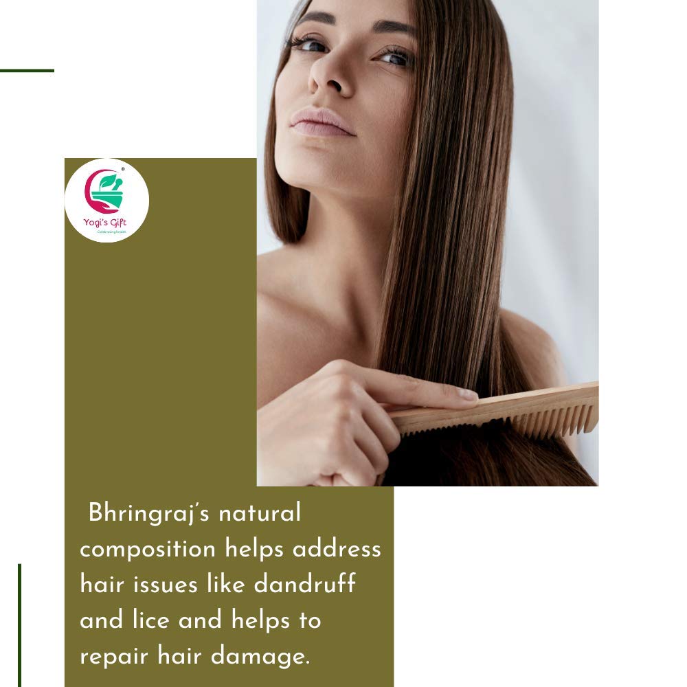 Poudre Bhringraj Yogi's Gift pour cheveux brillants et soyeux après utilisation.