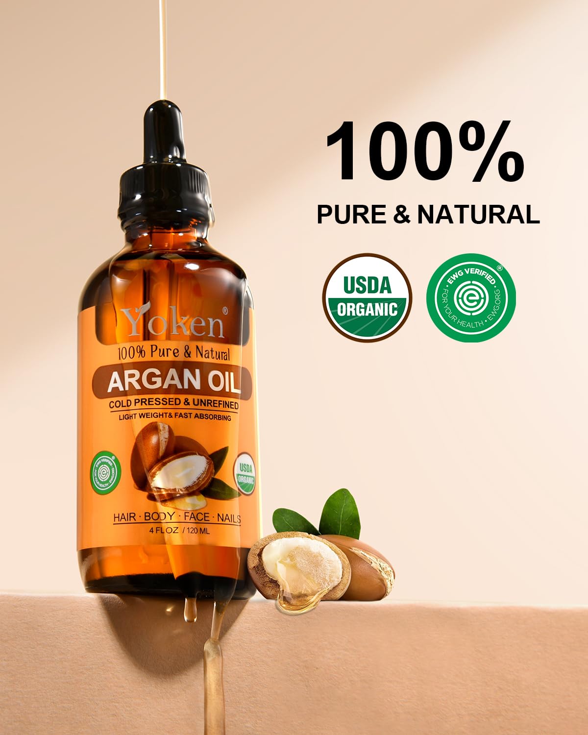 Yoken huile argan bio pour peau, hydratation lumineuse.