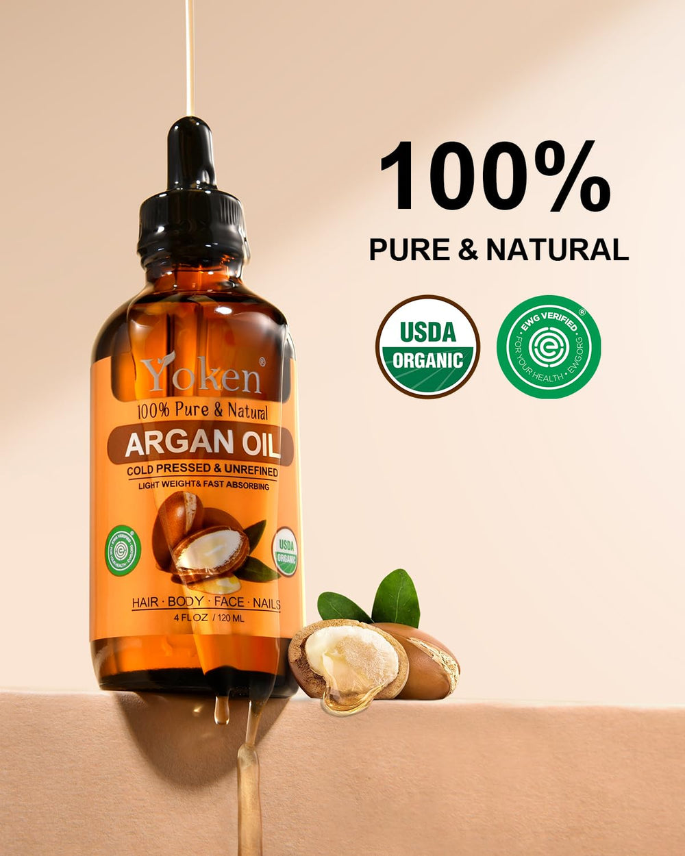 Yoken huile argan bio pour peau, hydratation lumineuse.
