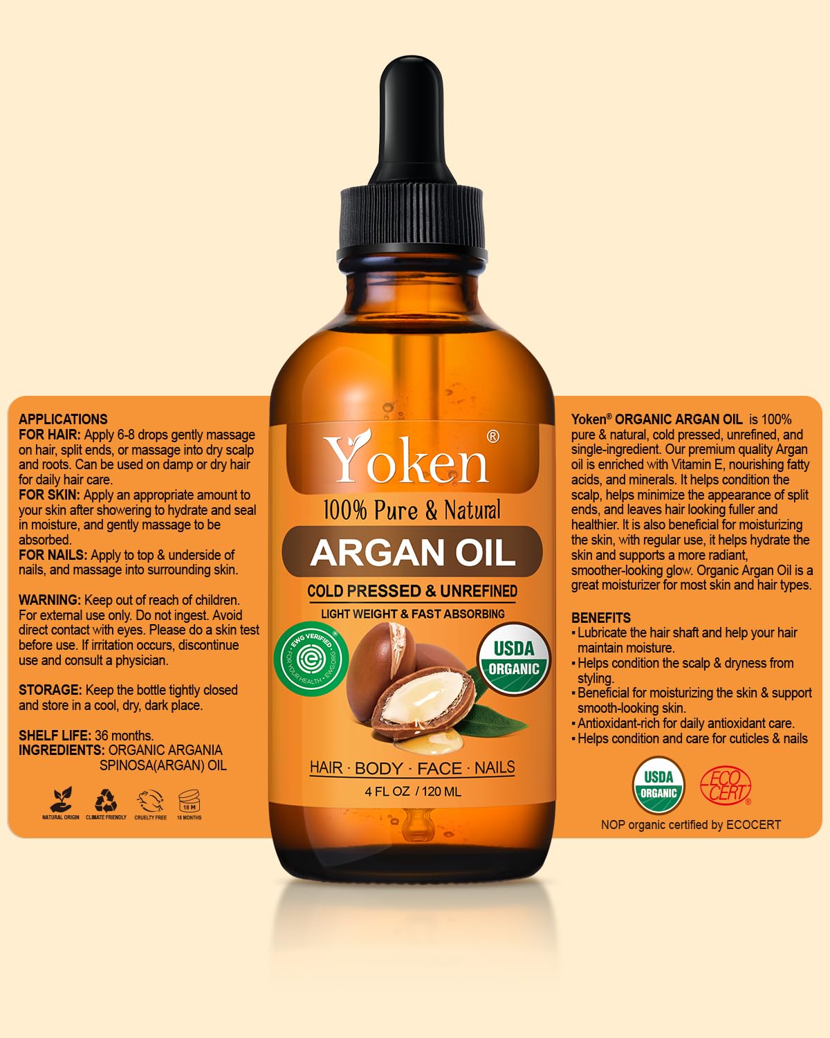 Routine beauté complète avec Yoken argan pour cheveux, peau et ongles.