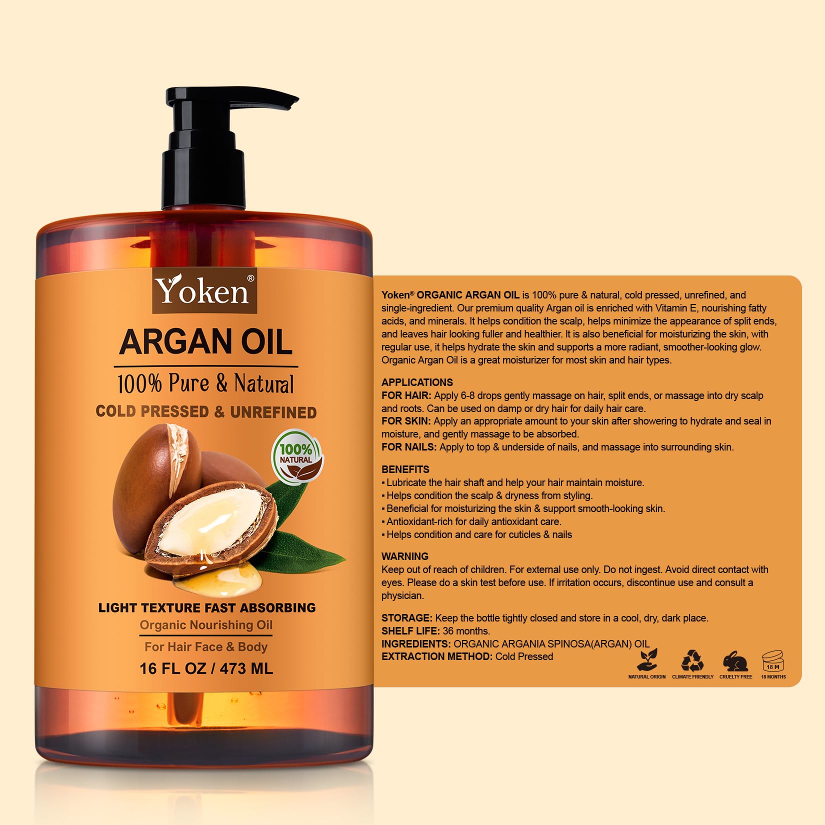 Approvisionnement éthique de Yoken argan pur, sans cruauté animale et sans produits chimiques.