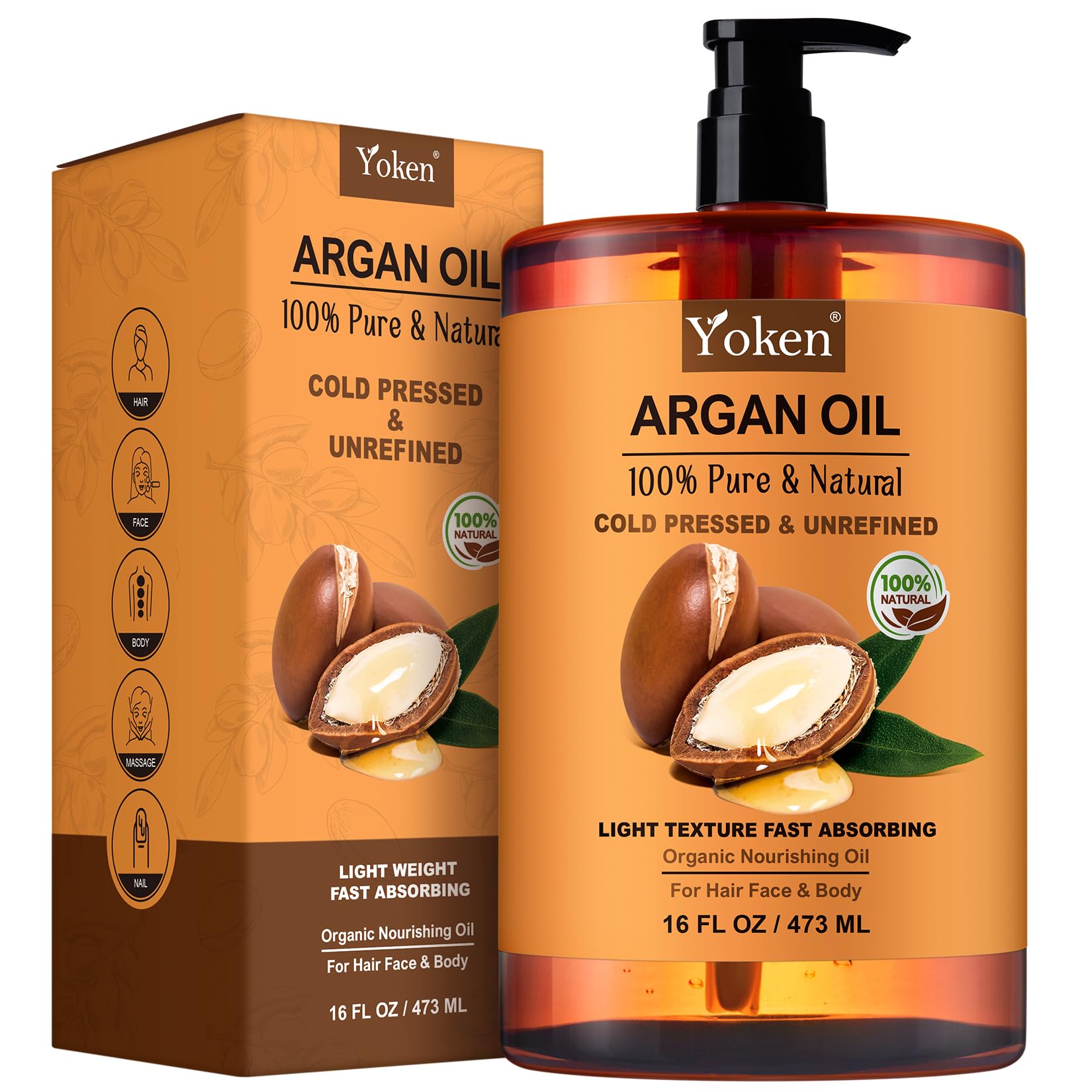 Huile d'argan pur Yoken dans sa bouteille, nourrissante pour cheveux et peau.
