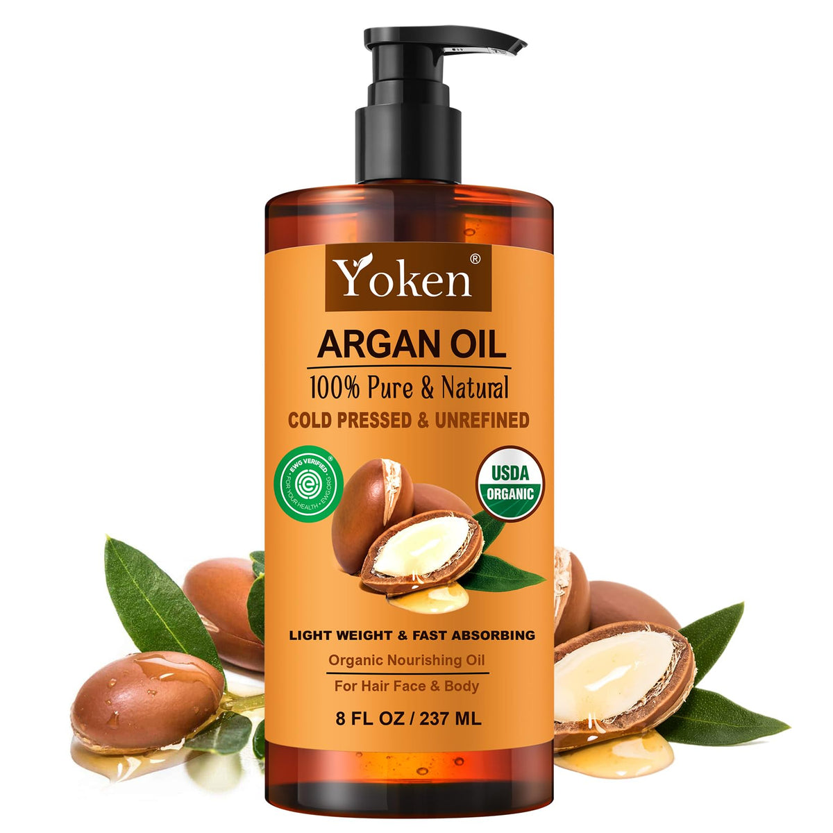 Huile d'argan Yoken dans sa bouteille, soin naturel pour cheveux et peau.