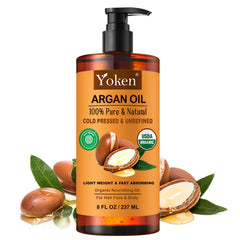 Huile d'argan Yoken dans sa bouteille, soin naturel pour cheveux et peau.