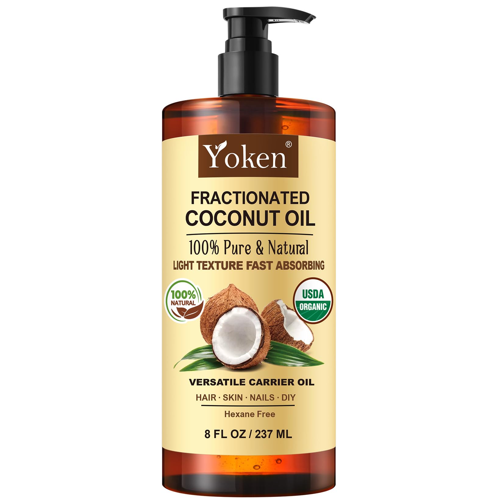 Huile de coco fractionnée Yoken en bouteille, hydratante légère pour visage et corps.