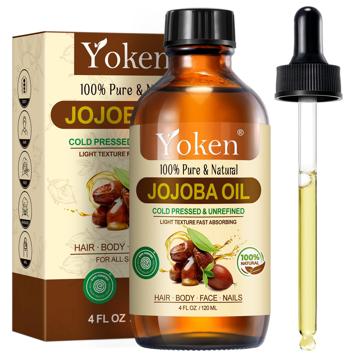 Huile de jojoba Yoken – flacon compte-gouttes pour visage et cheveux, hydratation naturelle