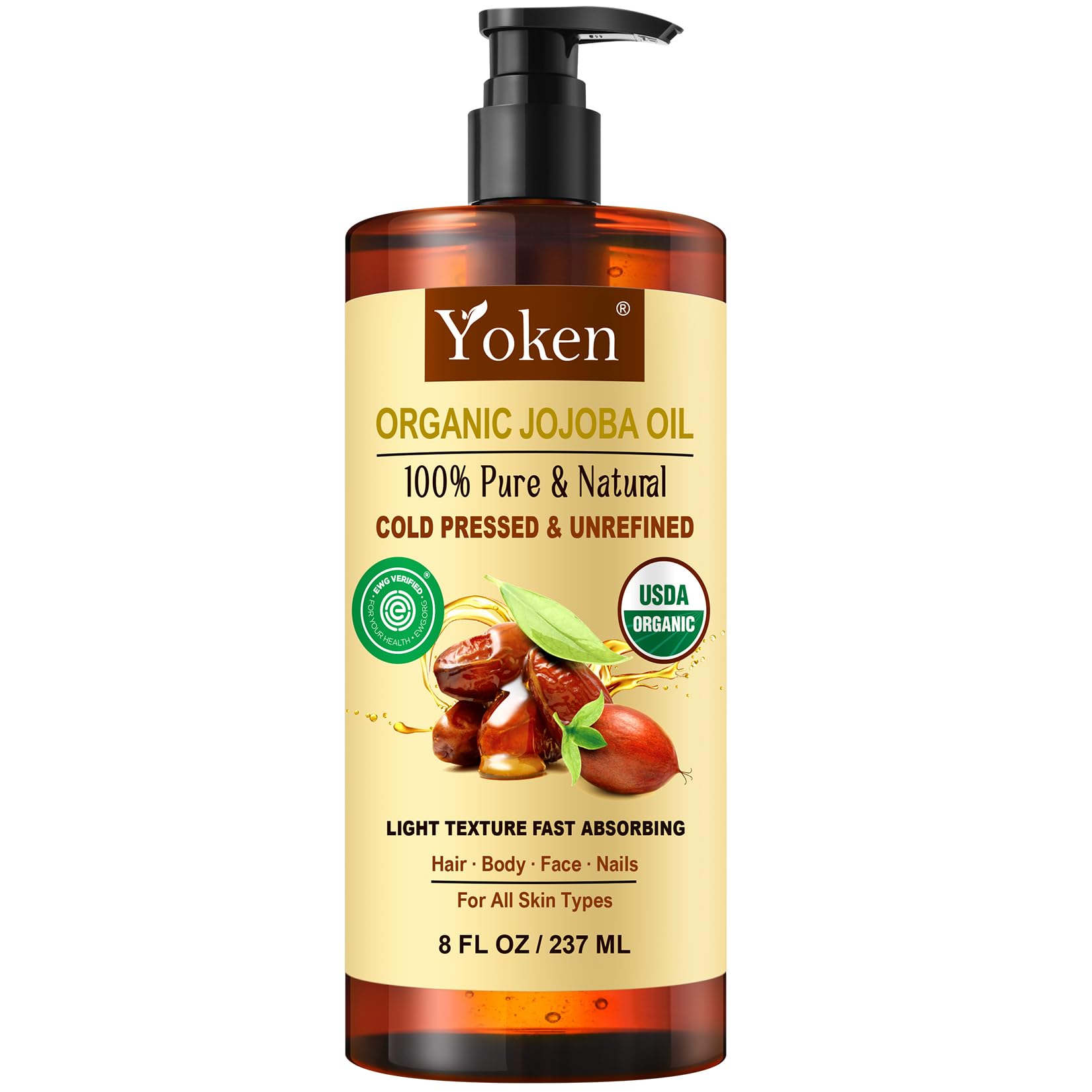 Huile Yoken jojoba dans une bouteille ambrée, conservation optimale.