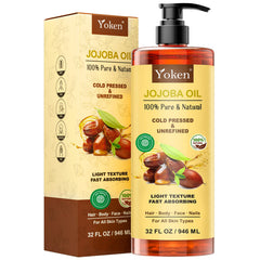 Huile de jojoba Yoken en flacon-pompe de 32 oz, hydratation prête à l’emploi.