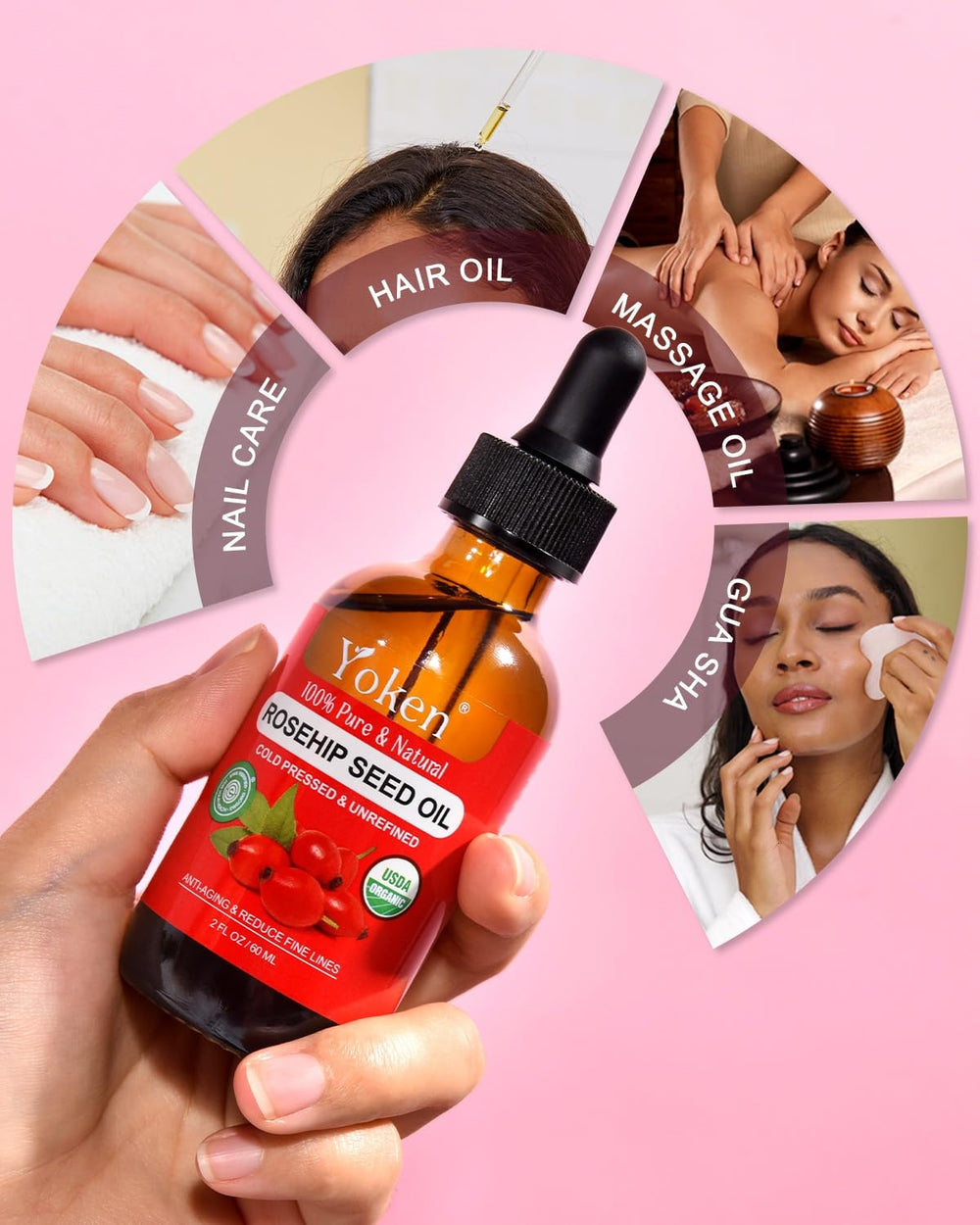 Utilisation polyvalente sur corps et cheveux avec Yoken huile rose musquée.