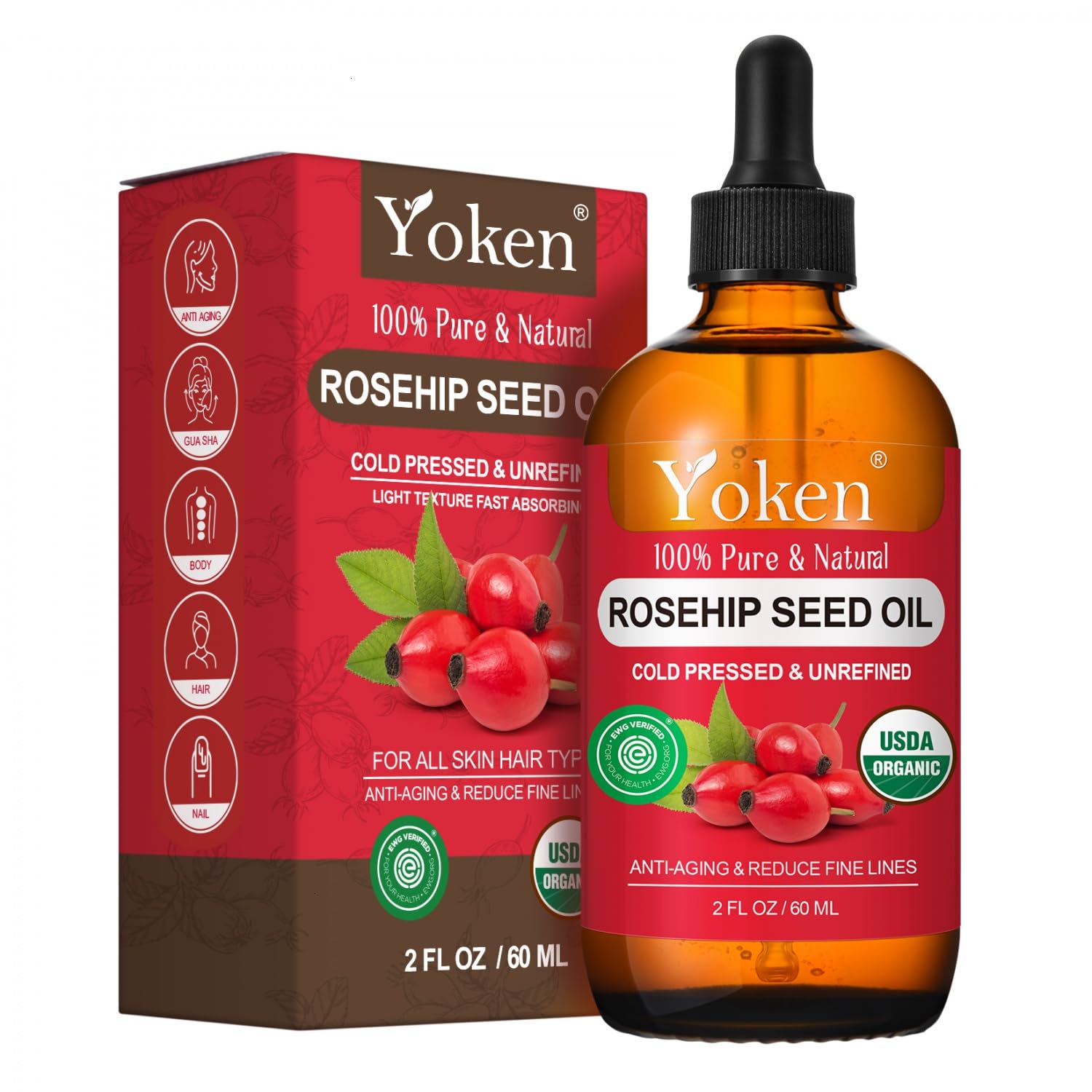 Huile Yoken rose musquée pour visage, flacon élégant et absorption rapide.