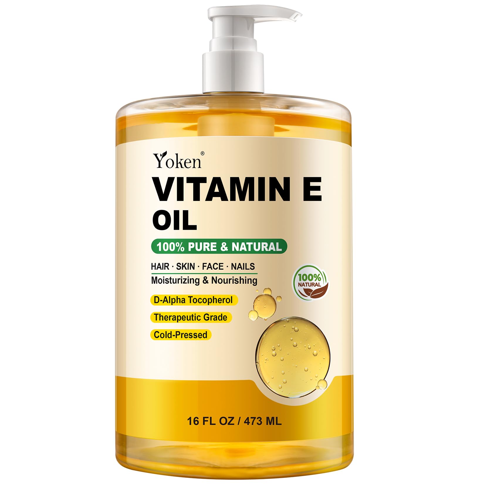 Yoken huile vitamine E 16 onces avec pompe pour hydrater peau et visage.