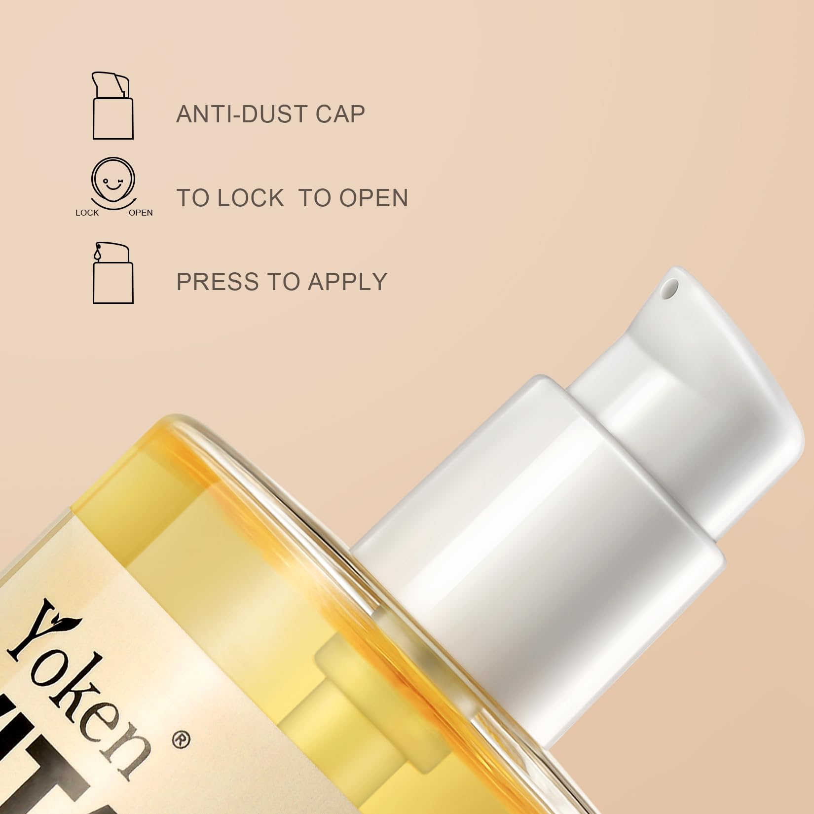 Yoken huile vitamine E application facile avec pompe pratique.