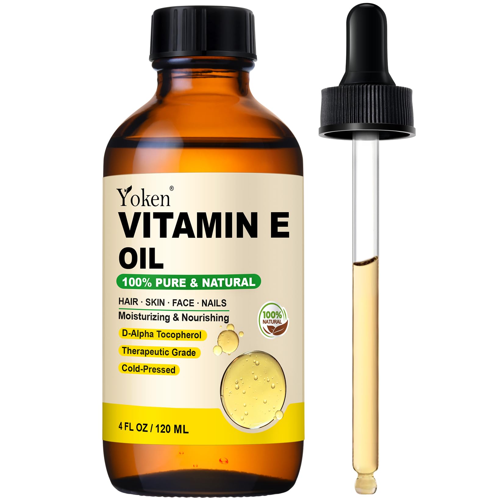 Huile Yoken Vitamine E – bouteille 4 oz hydratation légère pour visage et corps.