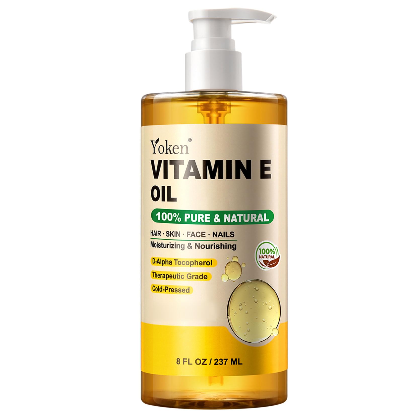 Yoken huile vitamine E, bouteille 8 onces pour hydratation quotidienne.