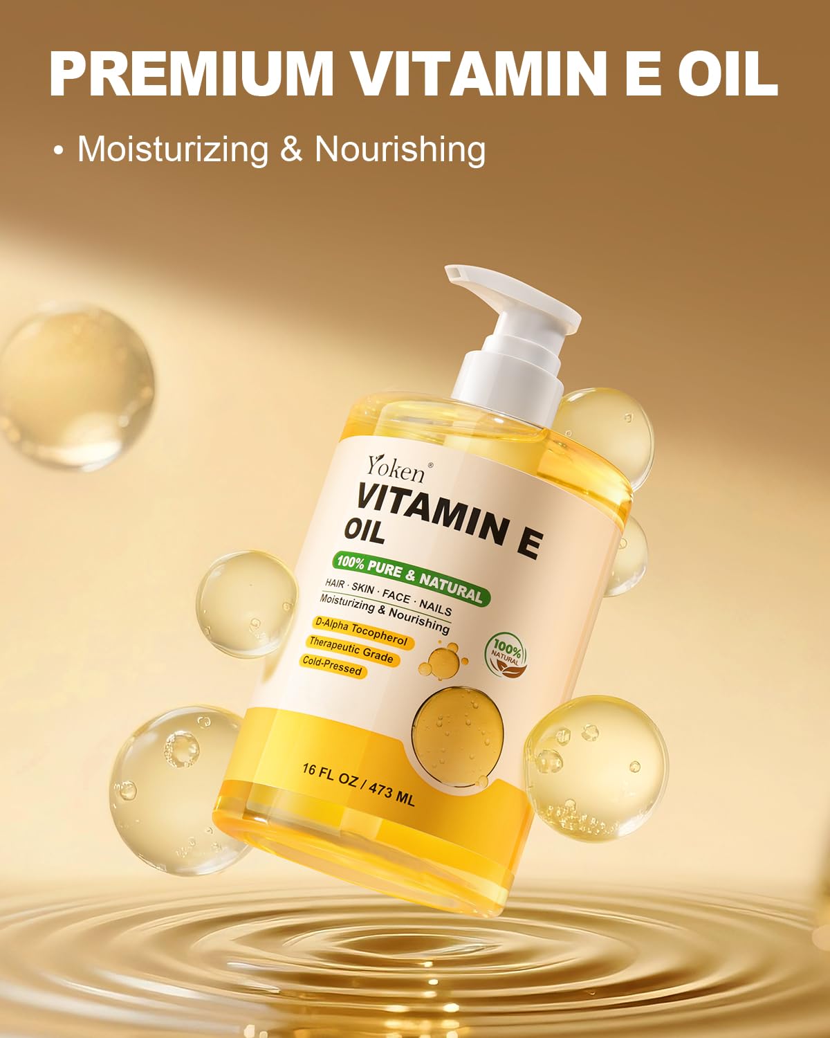 Yoken huile vitamine E appliquée sur le visage pour hydratation douce.