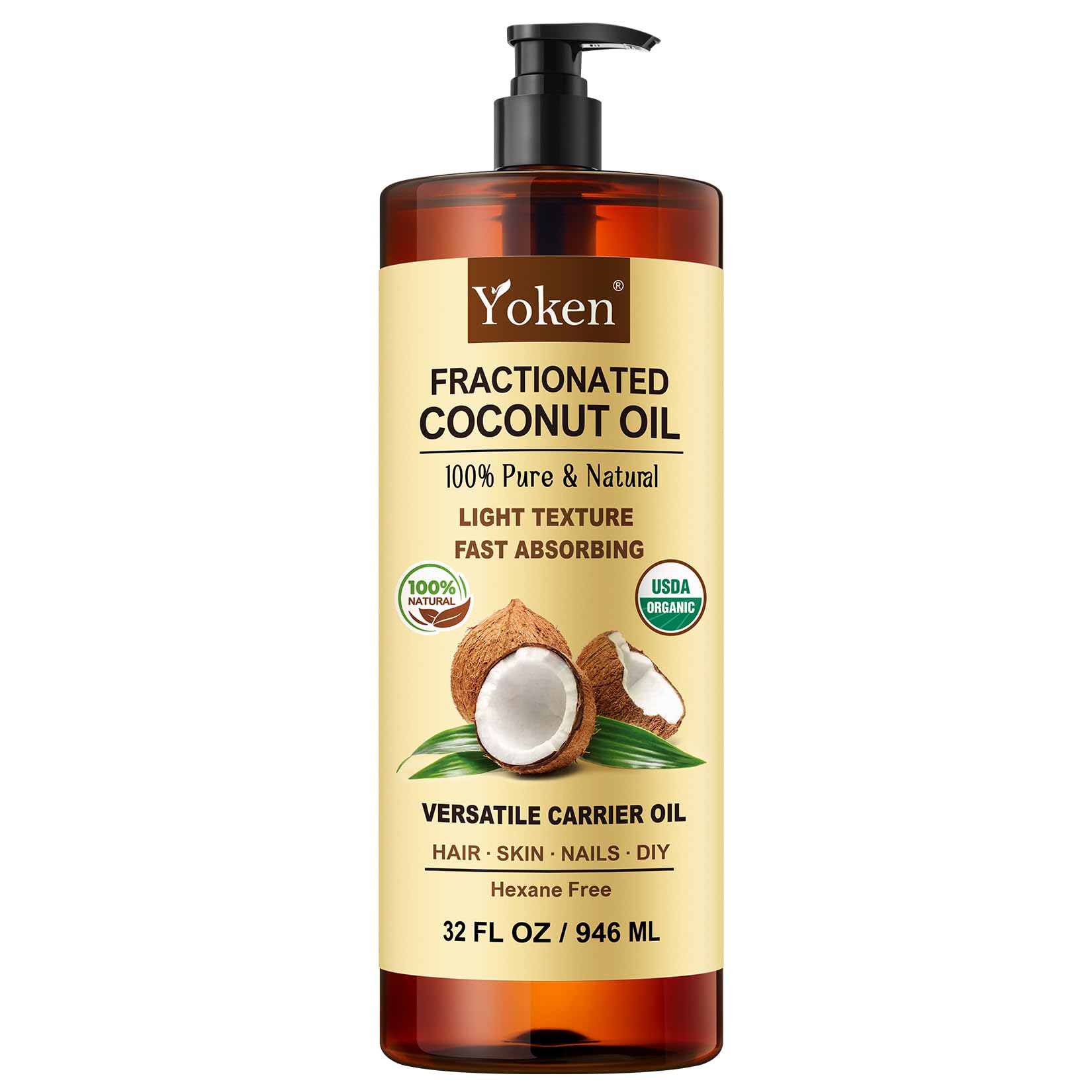Yoken Organic Fractionated Coconut Oil bottle showing purity and ease of use for skin and hair care