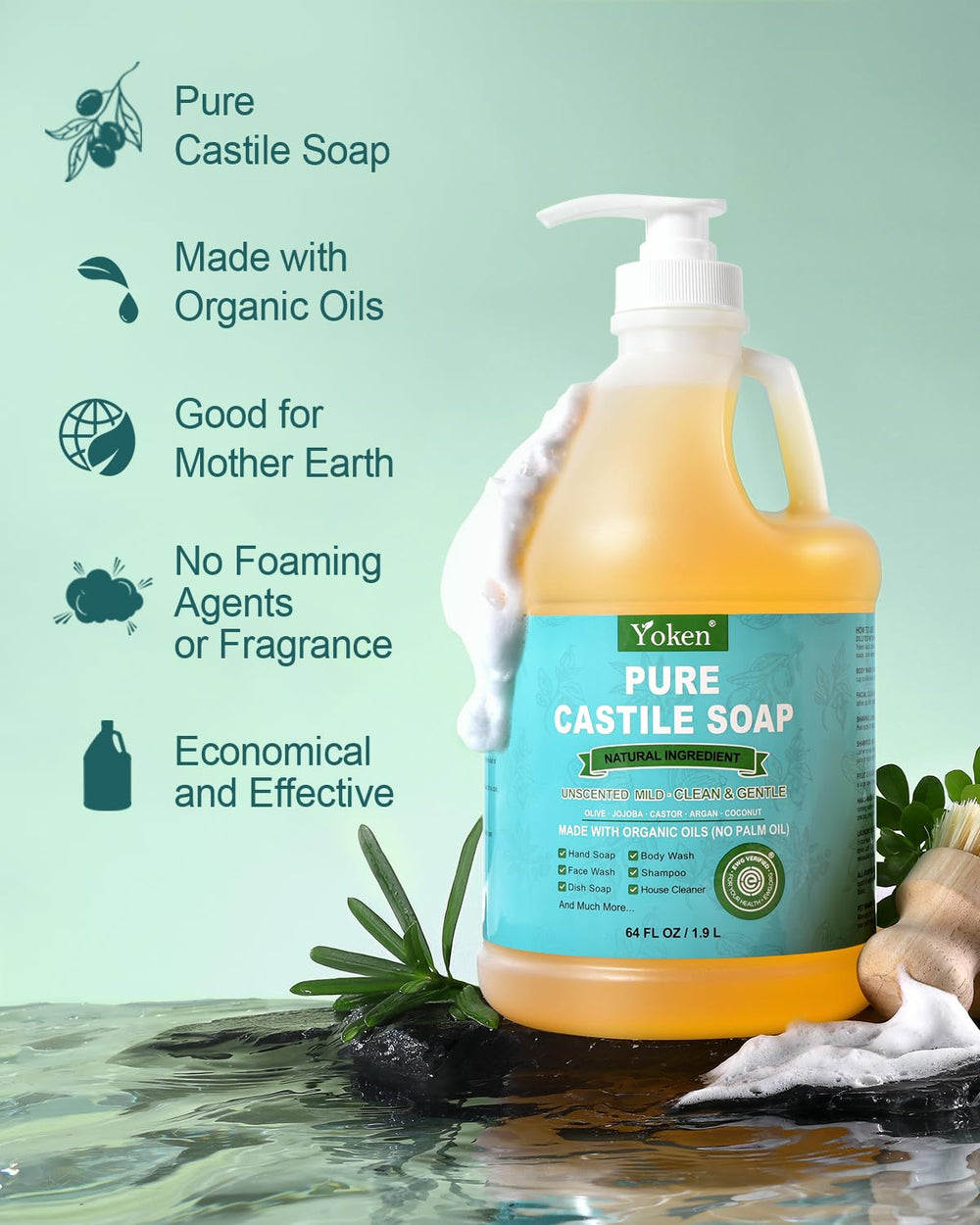 Savon mousseux Yoken Castile, offre une texture riche pour peau et vaisselle.