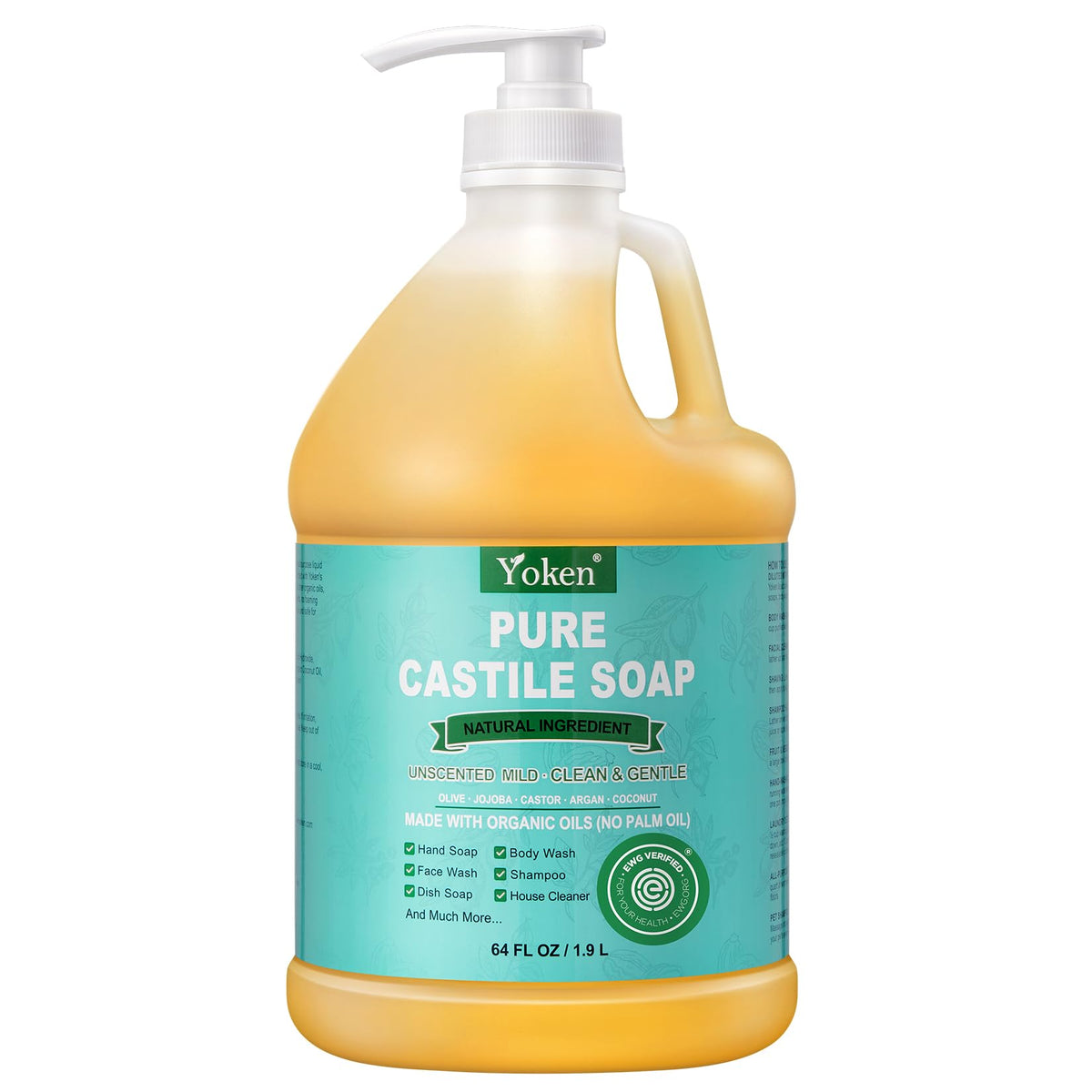 Savon Castile Yoken non parfumé dans une bouteille, nettoie tout en douceur.