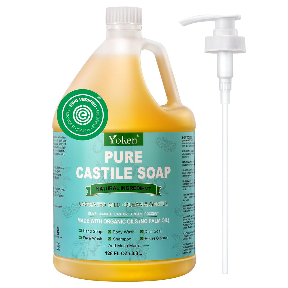Savon Yoken Castile sans parfum dans une bouteille, douceur et polyvalence quotidiennes.