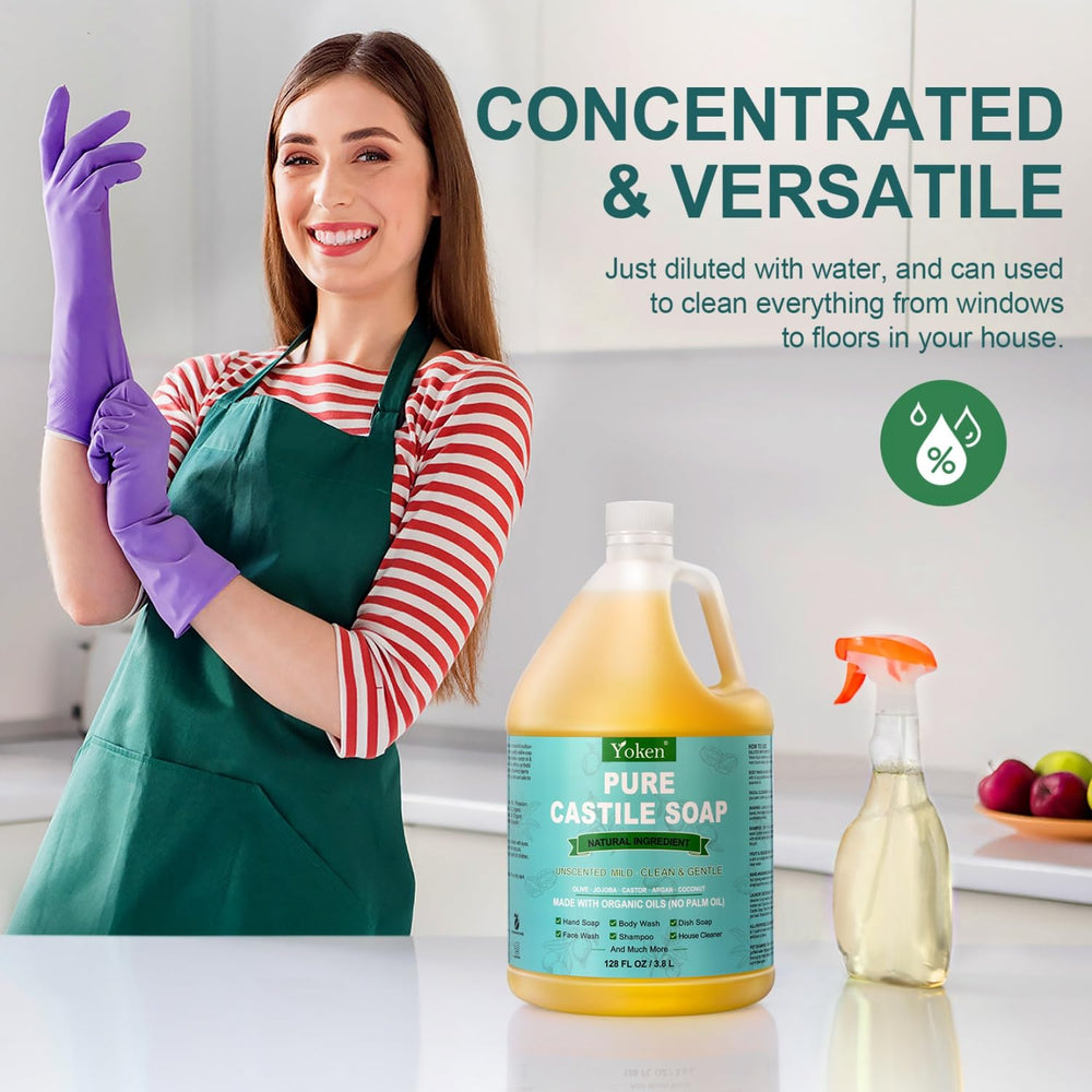 Savon liquide Yoken Castile, utilisé pour le linge, dilution facile.