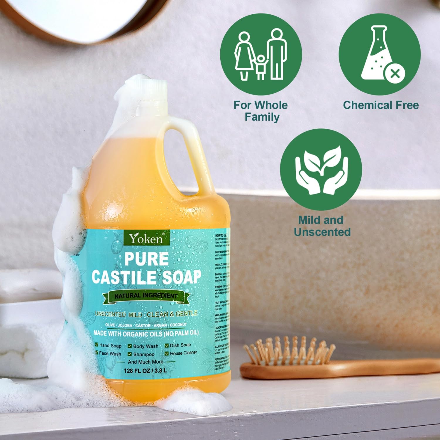 Savon polyvalent Yoken Castile sans parfum près d'un évier, usage mains et corps.
