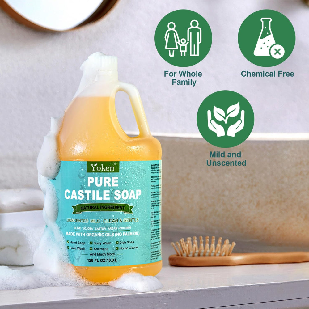 Savon polyvalent Yoken Castile sans parfum près d'un évier, usage mains et corps.