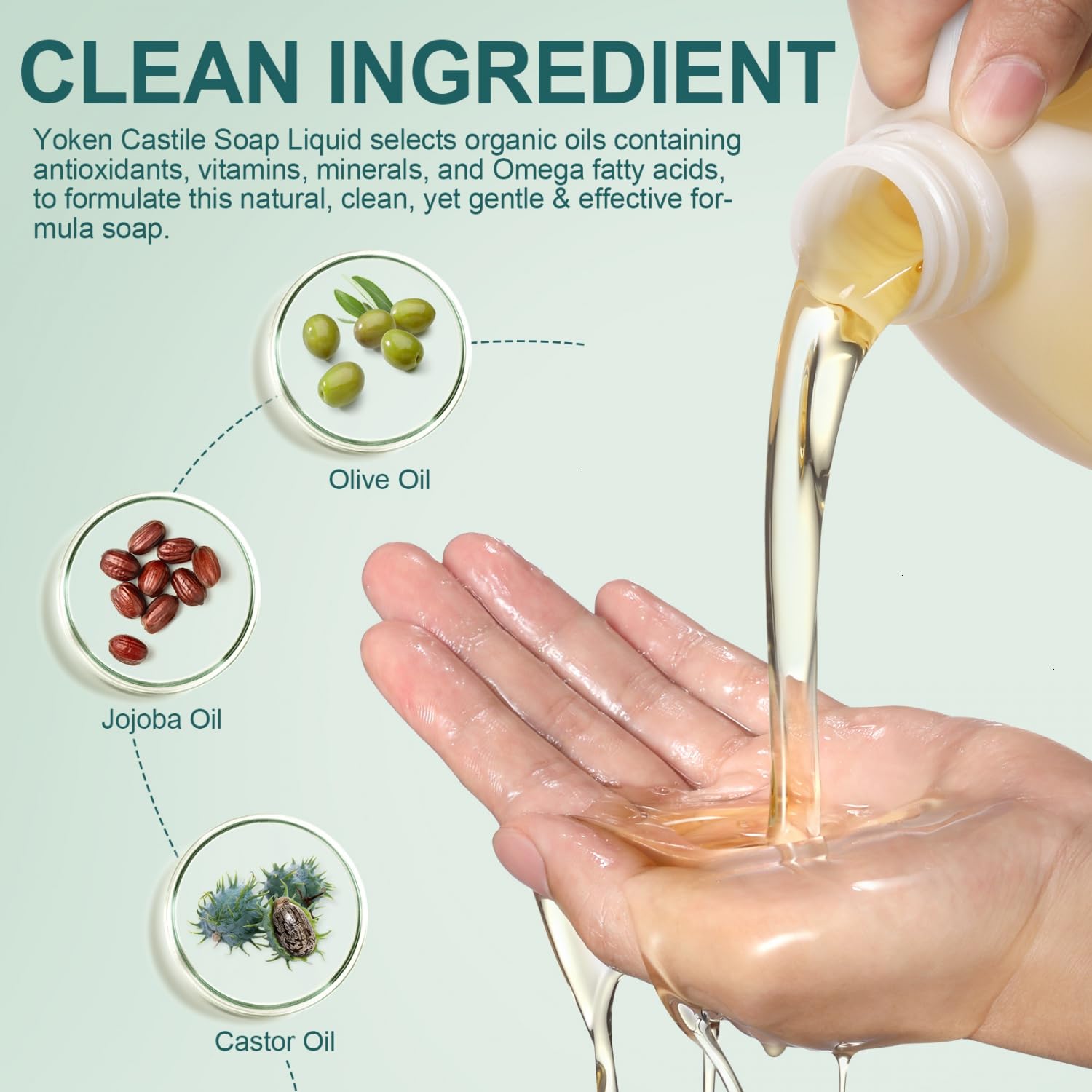 Goutte de savon Yoken Castile sur peau humide, douceur nourrissante et nettoyante.