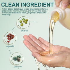 Goutte de savon Yoken Castile sur peau humide, douceur nourrissante et nettoyante.
