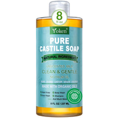 Savon Castille liquide Yoken en bouteille 8oz, usage polyvalent et sans parfum.