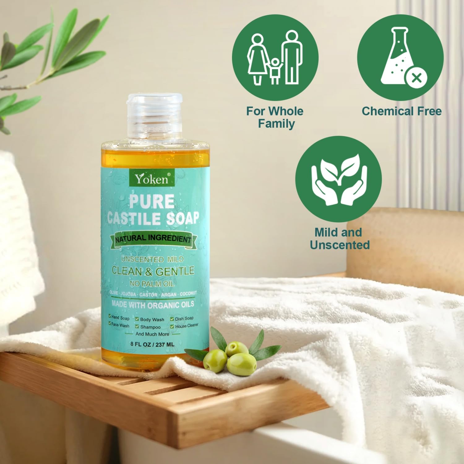 Ingrédients naturels Yoken, savon Castille liquide, respectueux de la peau et de l'environnement.