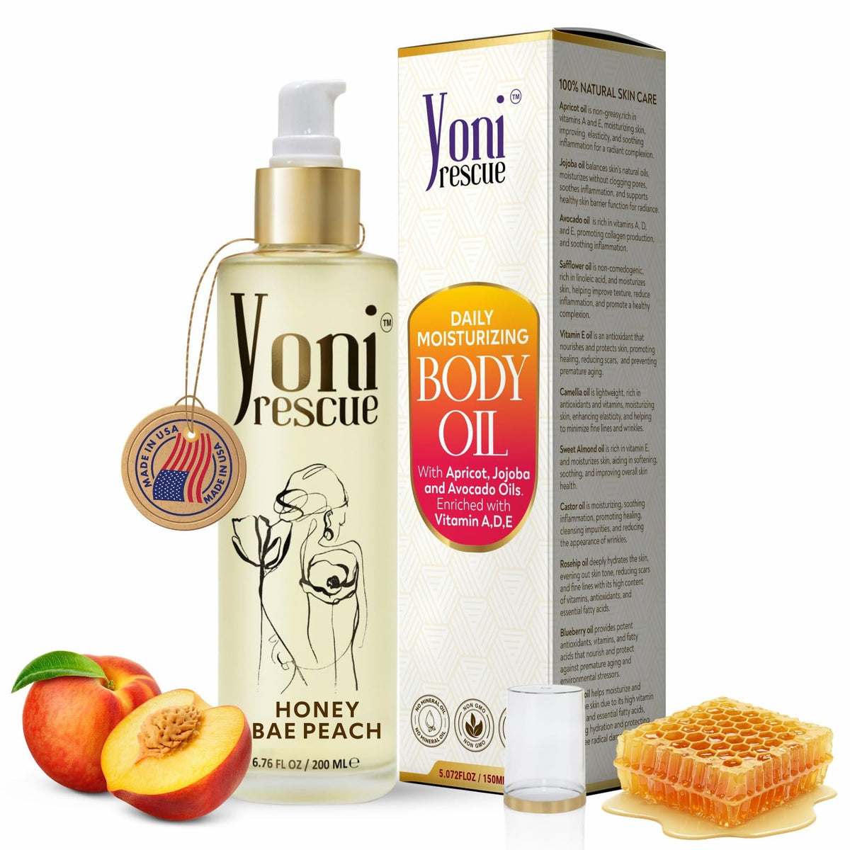 Huile corporelle Yoni Rescue après-douche, flacon pratique, hydratation rapide pour peau douce.