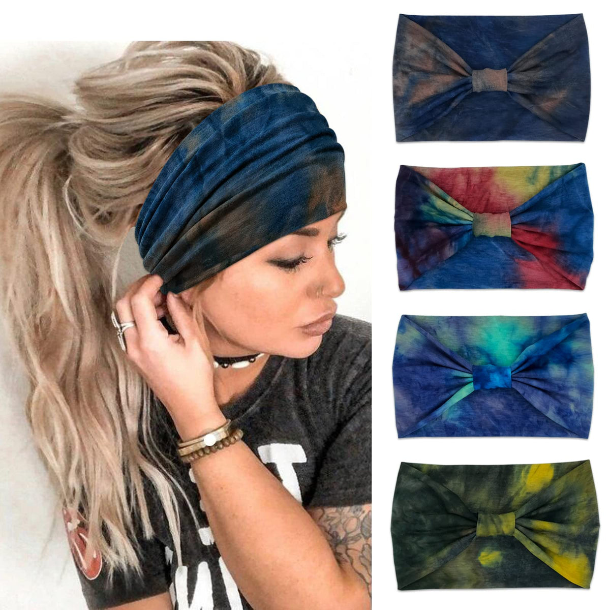Bandeau Yonuf boho bleu tie-dye, vue de face, style décontracté et confort.