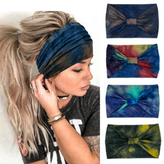 Bandeau Yonuf boho bleu tie-dye, vue de face, style décontracté et confort.