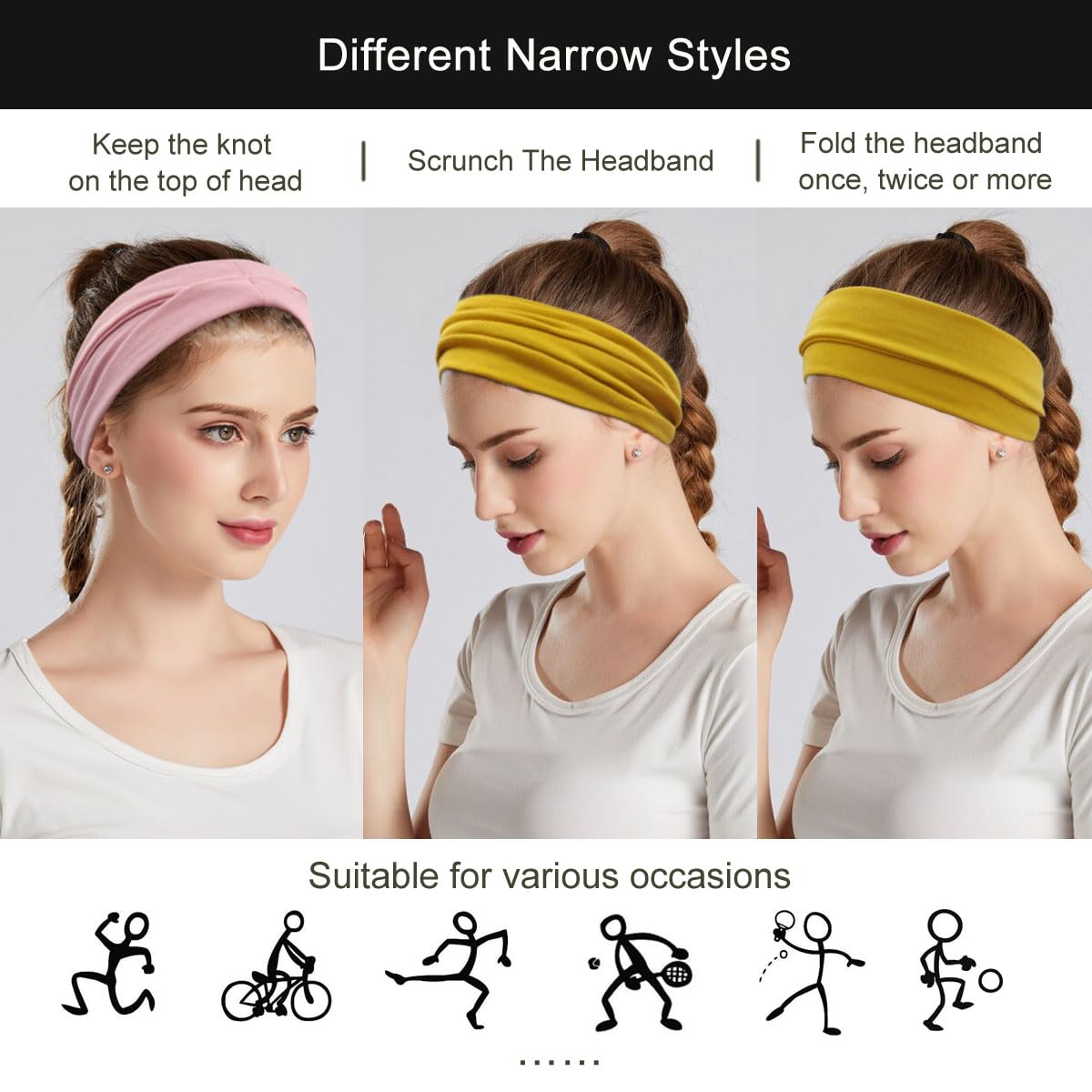 Yonuf bandeau couleur 5 se replie en scrunchie pour varier le style.