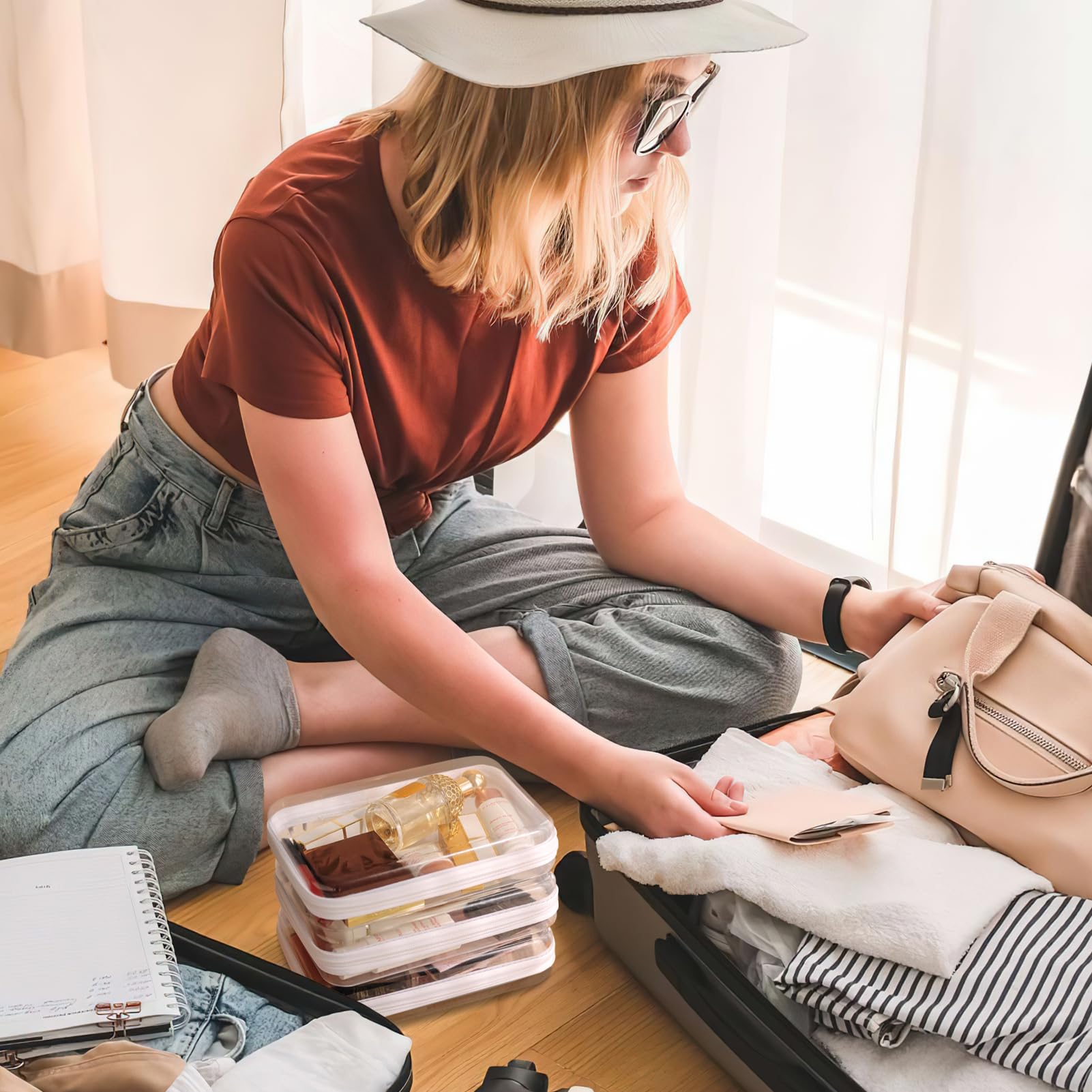 Pochette zippée transparente YOPCDJ ouverte pour visualiser le contenu