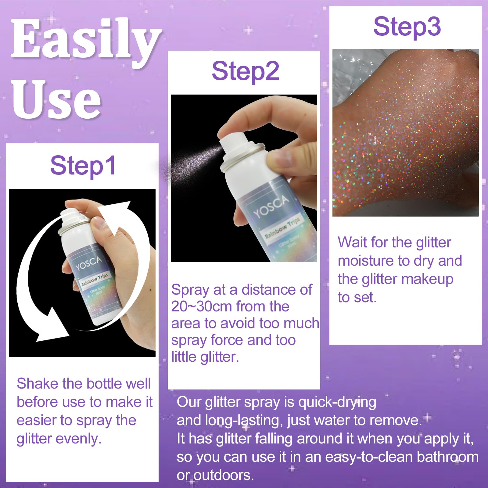 Yosca Glitter Application Rapide, parfait pour look événementiel.