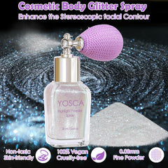 Yosca Glitter Spray: bouteille en verre élégante et brillance durable.