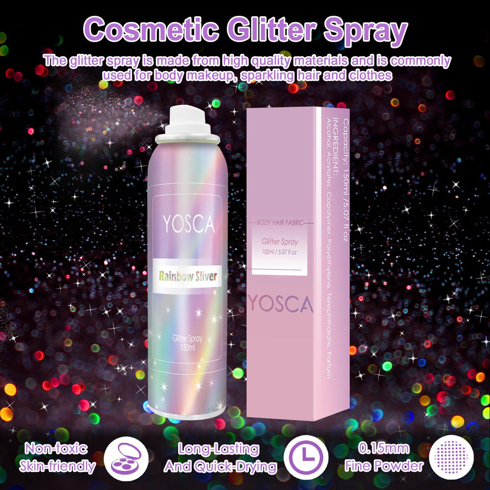 Spray pailleté YOSCA pour cheveux, application rapide et glamour.