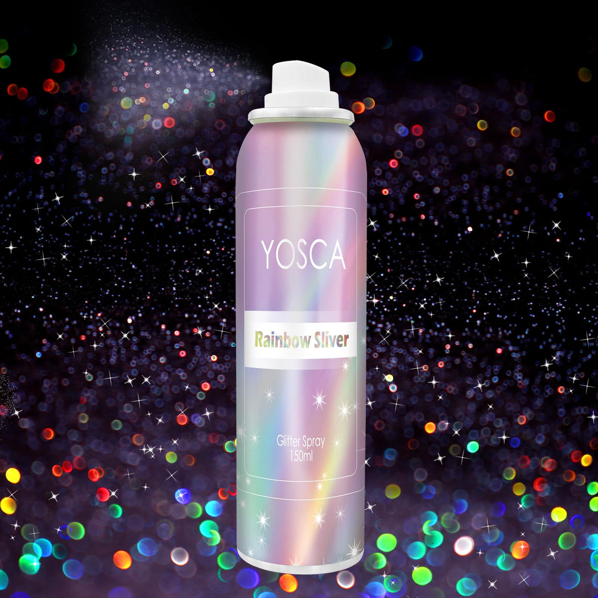 Spray pailleté YOSCA sur bouteille 150 ml, prêt pour des éclats scintillants.
