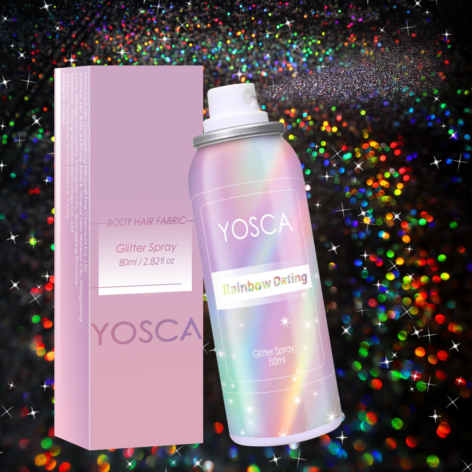 Yosca spray paillettes pour le corps, brillance subtile et durable.