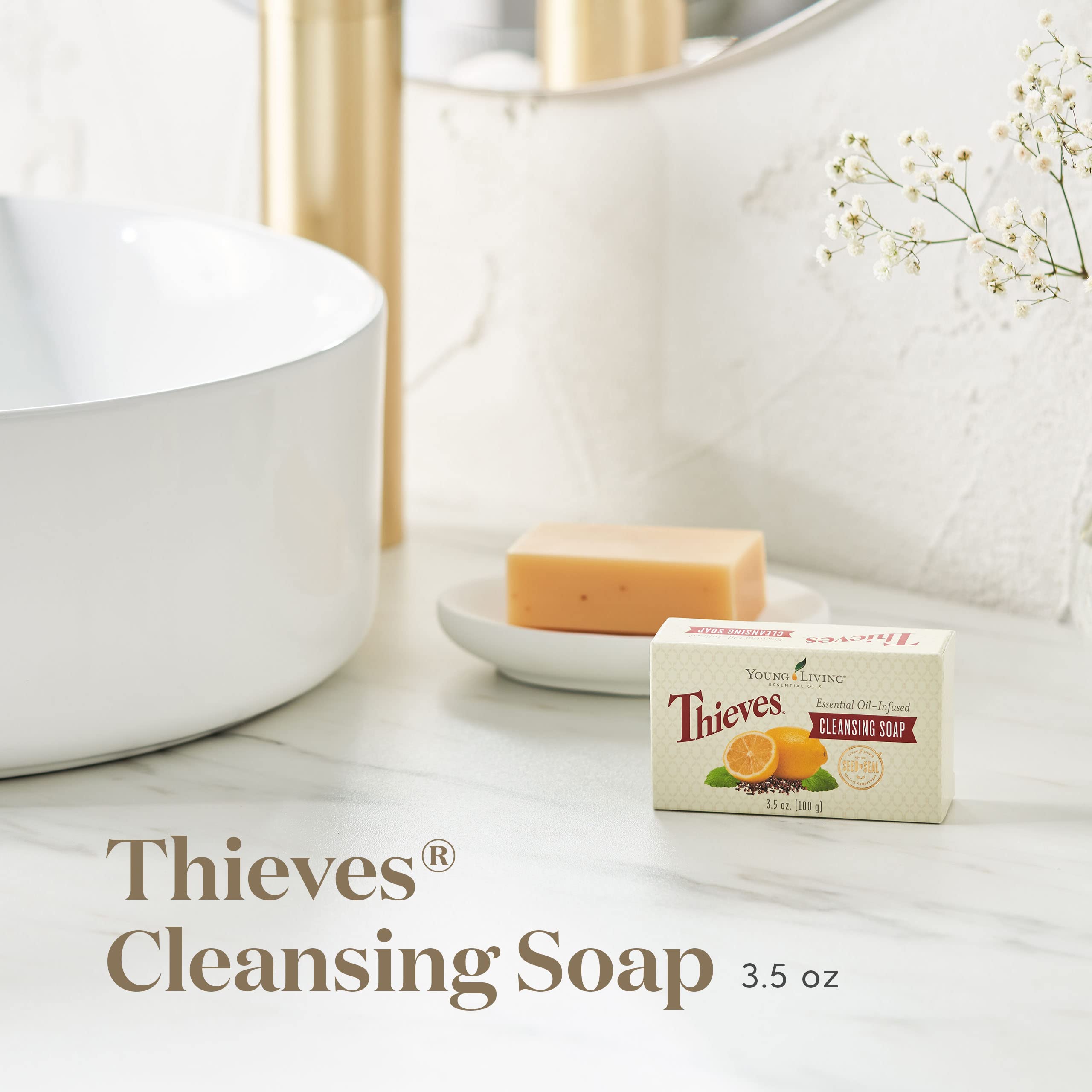 Thieves cleansing soap closeup highlights natural exfoliation and aromatic blend.