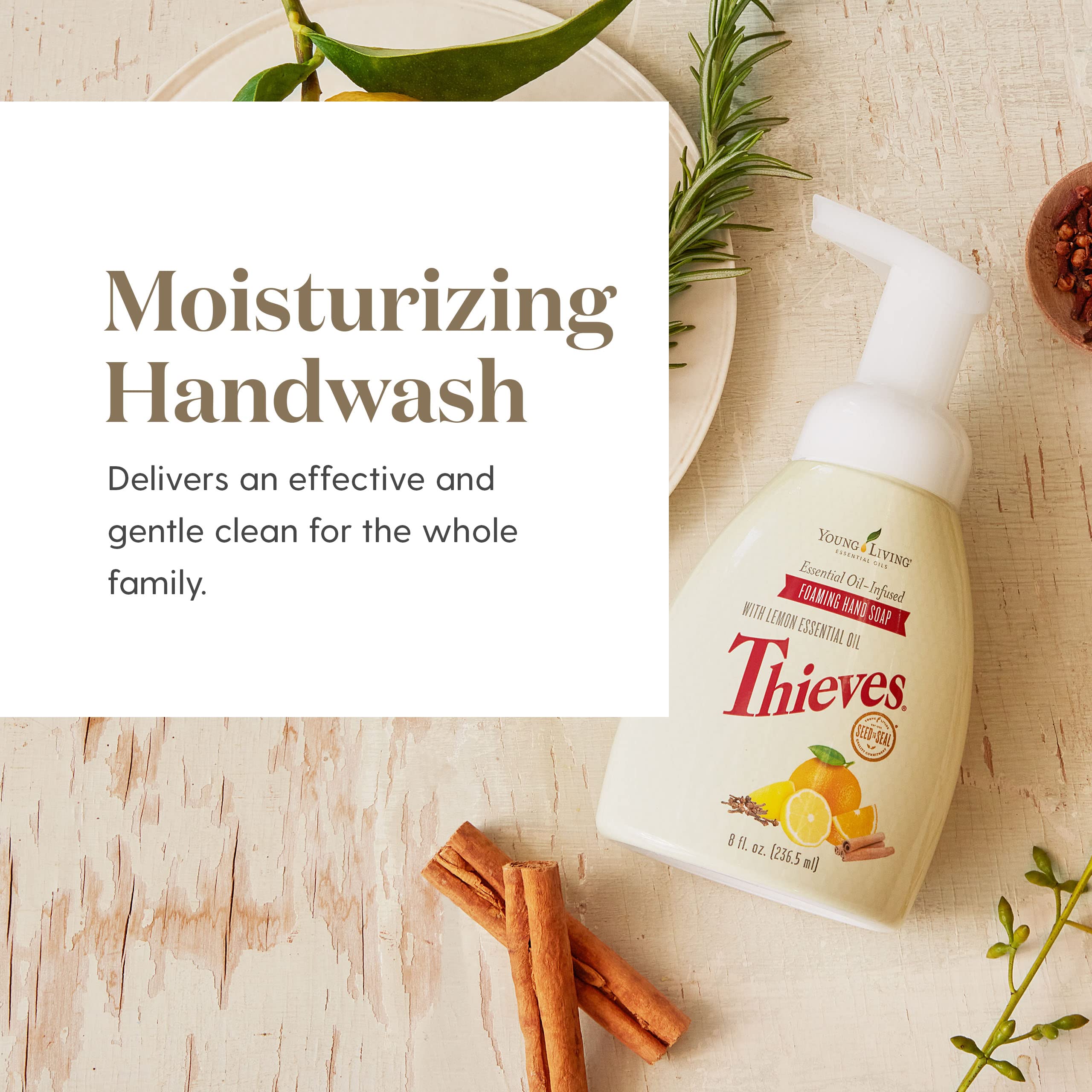 Young Living Thieves savon mousse hydratant pour mains sèches.