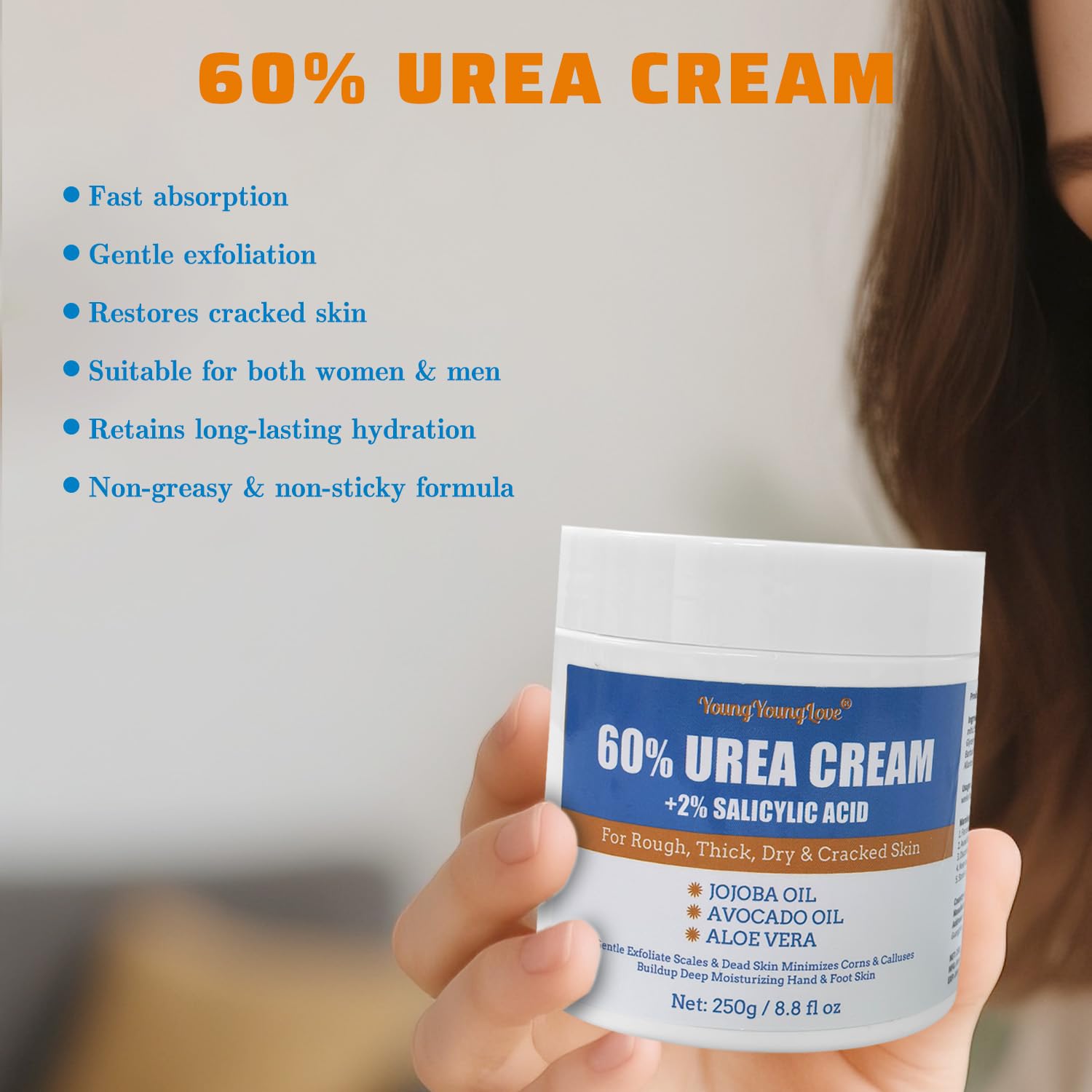 YOUNGYOUNGLOVE Urea 60% sur les mains, hydratation durable et texture satinée.