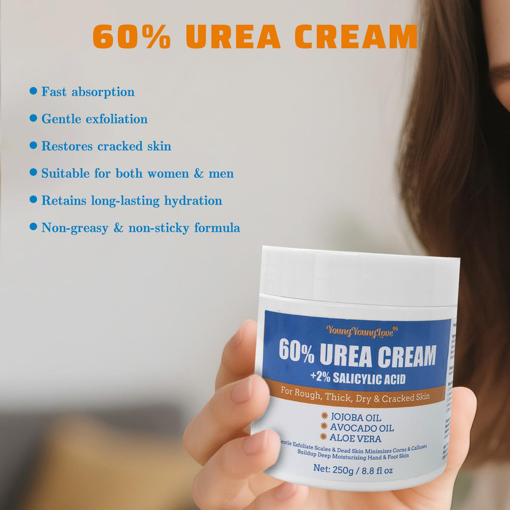 YOUNGYOUNGLOVE Urea 60% sur les mains, hydratation durable et texture satinée.