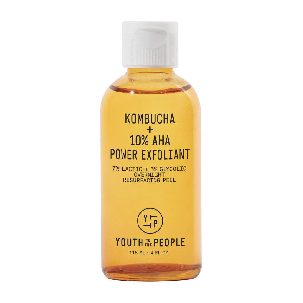 Youth To The People Kombucha 10% AHA, flacon lumineux, exfolie en douceur pour teint éclatant.
