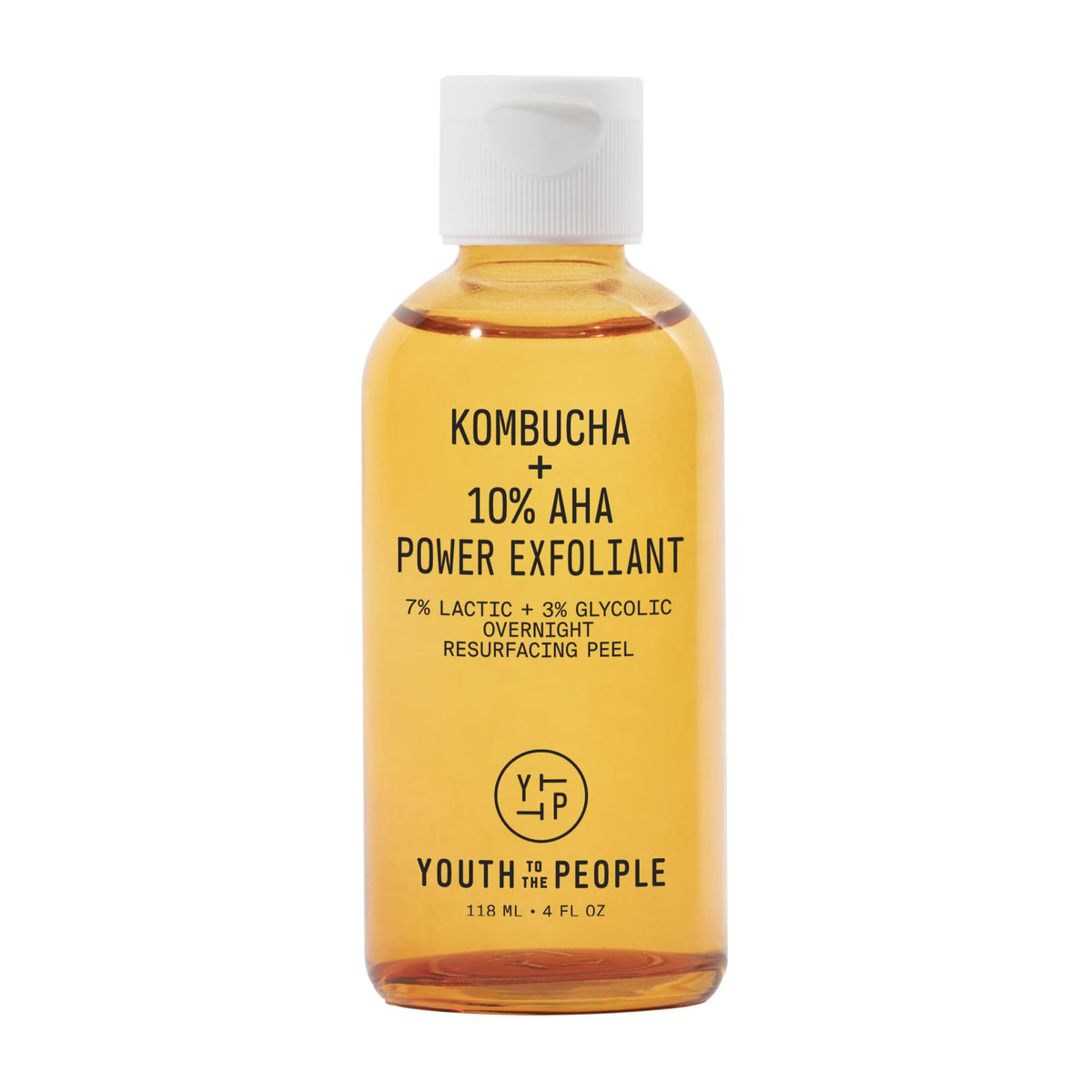 Youth To The People Kombucha 10% AHA, flacon lumineux, exfolie en douceur pour teint éclatant.