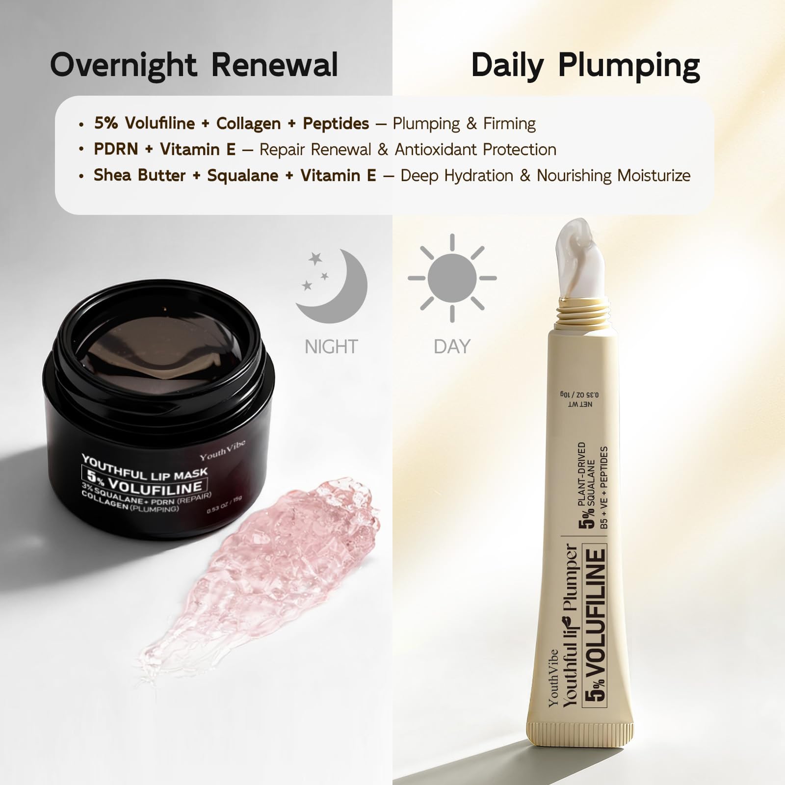 YouthVibe soin nocturne lèvres avec panthenol et bisabolol pour l'apaisement.